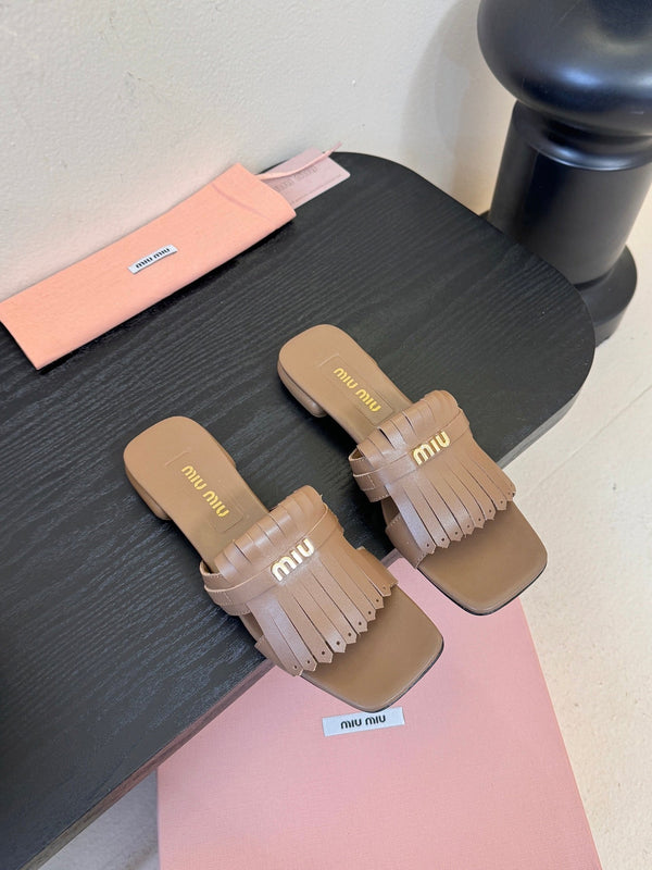 Miu 26s Flat Slippers In Brown Calfskin