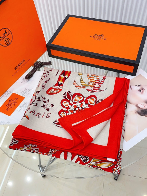 En Attendant Ulysse Shawl 140 CM In Red Colorful Cashmere And Silk 294496
