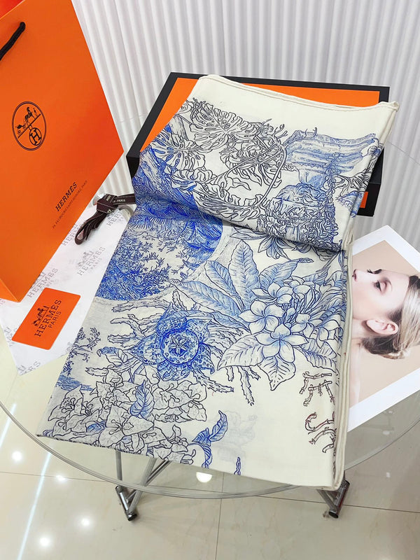 Le Jardin De Leila Au Bloc Shawl 135 CM In Blue Cashmere And Silk 316262