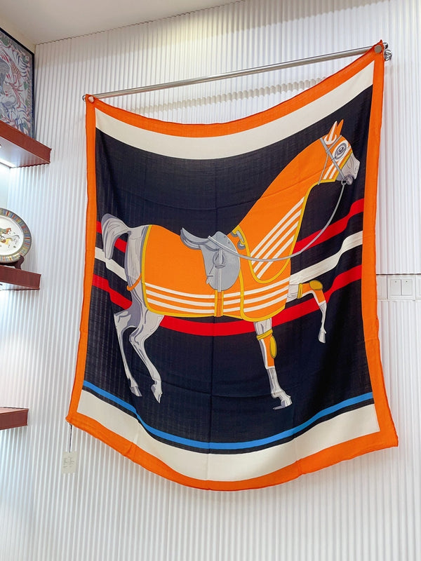 Cheval a la Couverture Scarf 140 CM In Black Colorful Cashmere And Silk 344367