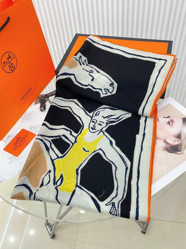 Choregraphie Equestre Pareo Scarf 140 CM Black Colorful Cashmere And Silk 393169