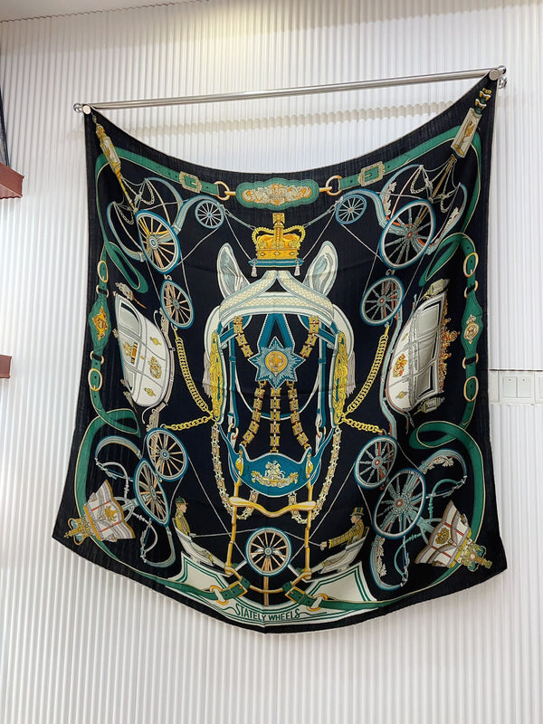 Stately Wheels Scarf 140 CM Black Colorful Cashmere And Silk 394589