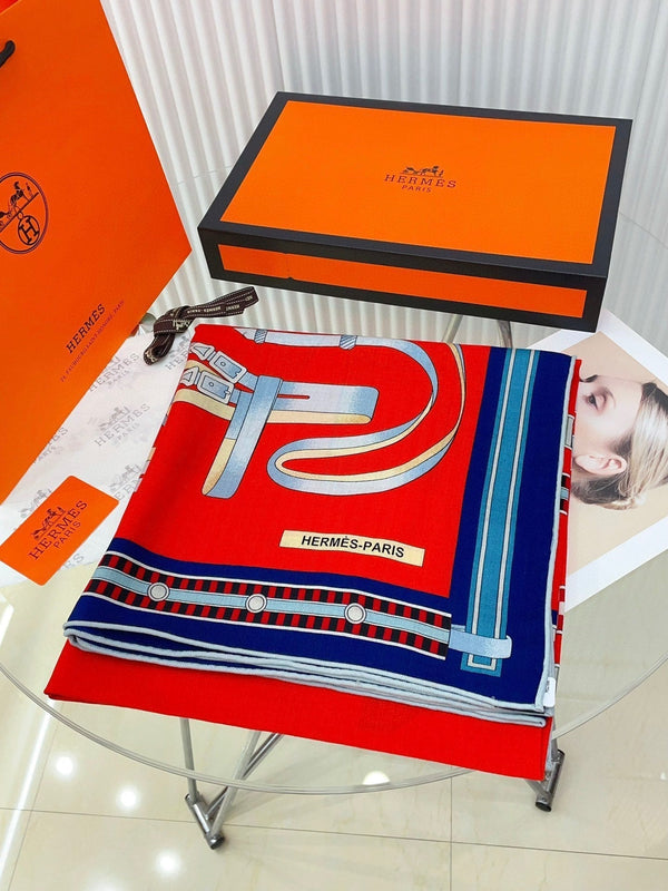 Lettres Equestres Shawl 140 CM Red Colorful Cashmere And Silk 398260