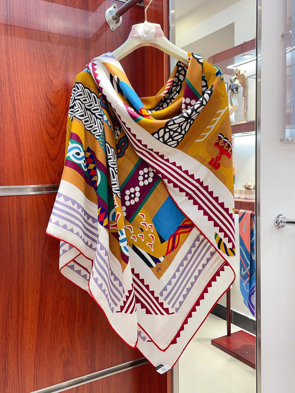 Fantaisie d'Etriers Shawl 135 CM Dark Yellow Colorful Cashmere And Silk 402080