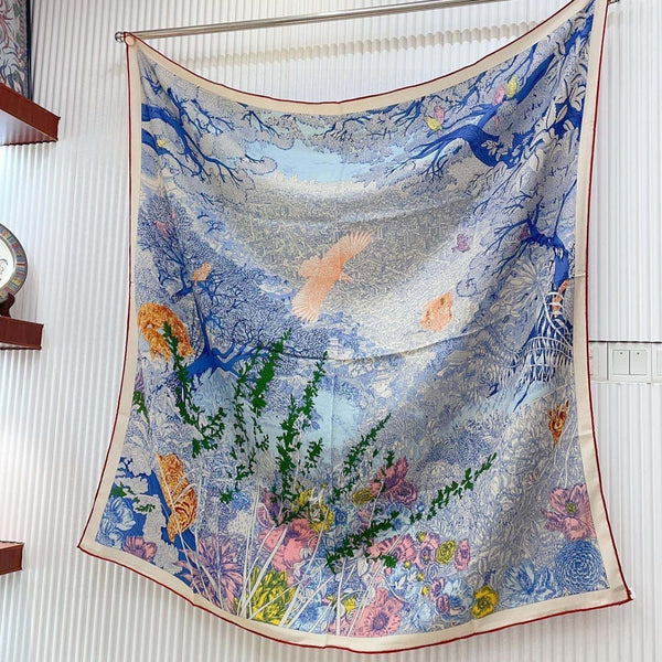 Square Scarf 140CM In Dakr Blue Colorful Cashmere And Silk