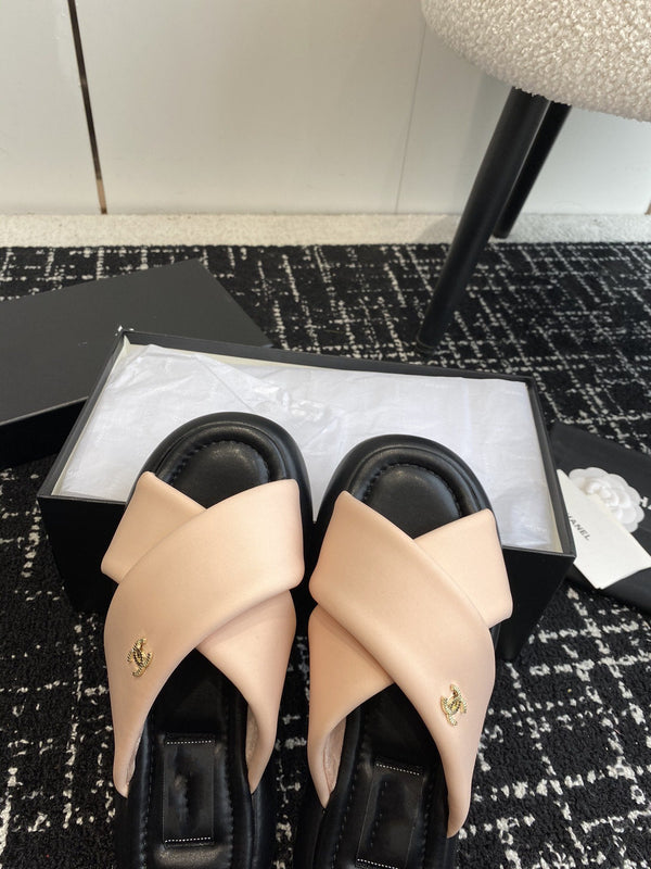 cross puffy slippers beige black lycra fabric