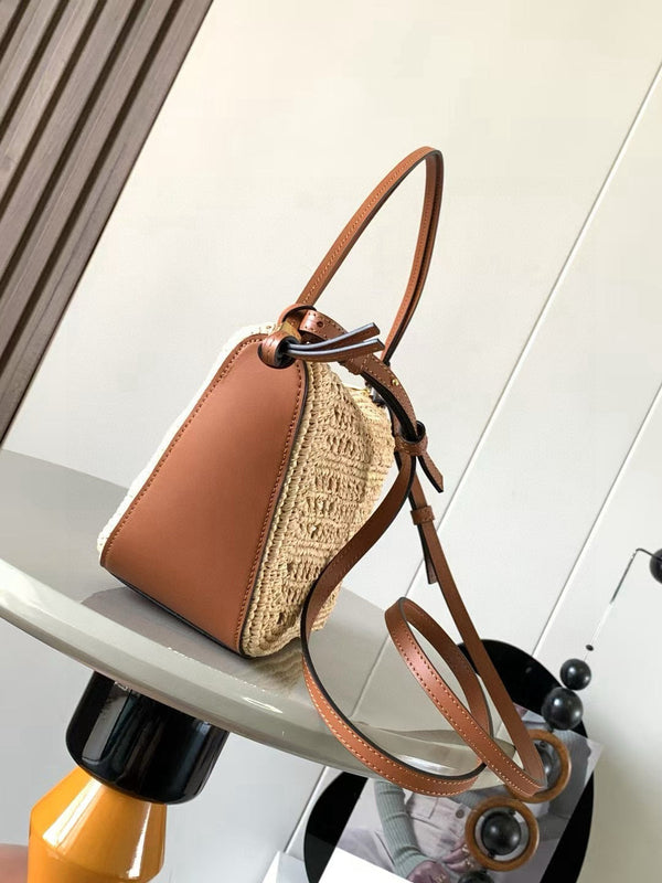 Loe Ibiza Mini Hammock Hobo Bag Brown Beige Raffia Leather 289314