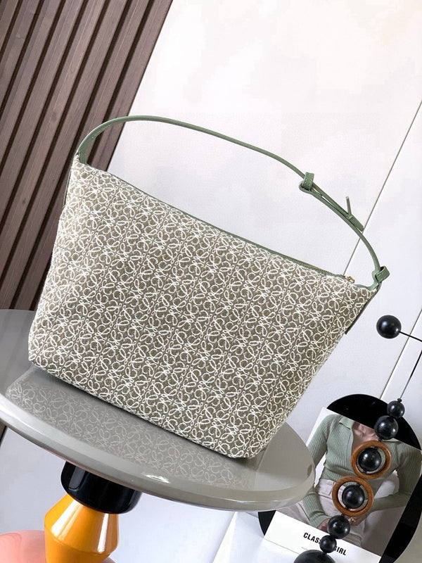 Loe Cubi Anagram Bag 35cm Green White Jacquard Cotton Calfskin