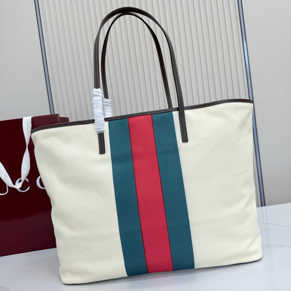 GG Tribeca Large Tote Bag Cream Red Green Canvas Cowhide 141731