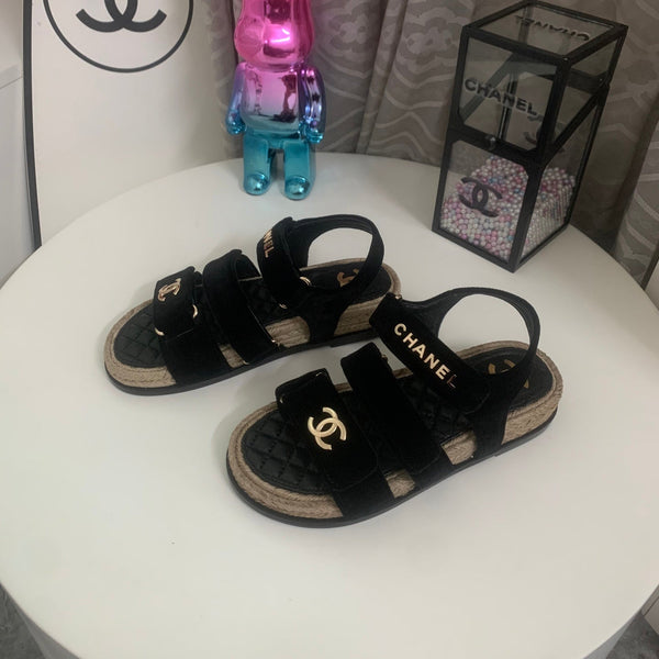 CC 26s Strappy Sandals In Black Velvet With Rope Sole Gold Hardware