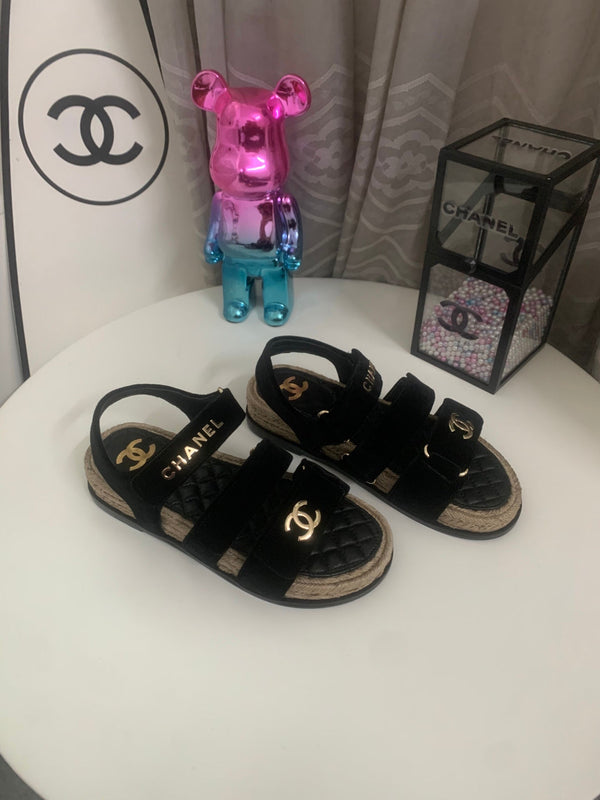 CC 26s Strappy Sandals In Black Velvet With Rope Sole Gold Hardware
