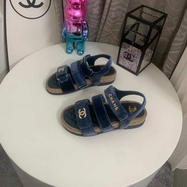 CC 26s Strappy Sandals In Navy Blue Velvet With Rope Sole Gold Hardware