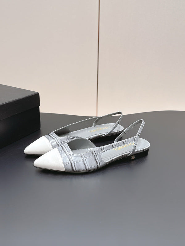 CC 26s Flat Pointed-Toe White Grey Crocodile Embossed 922682