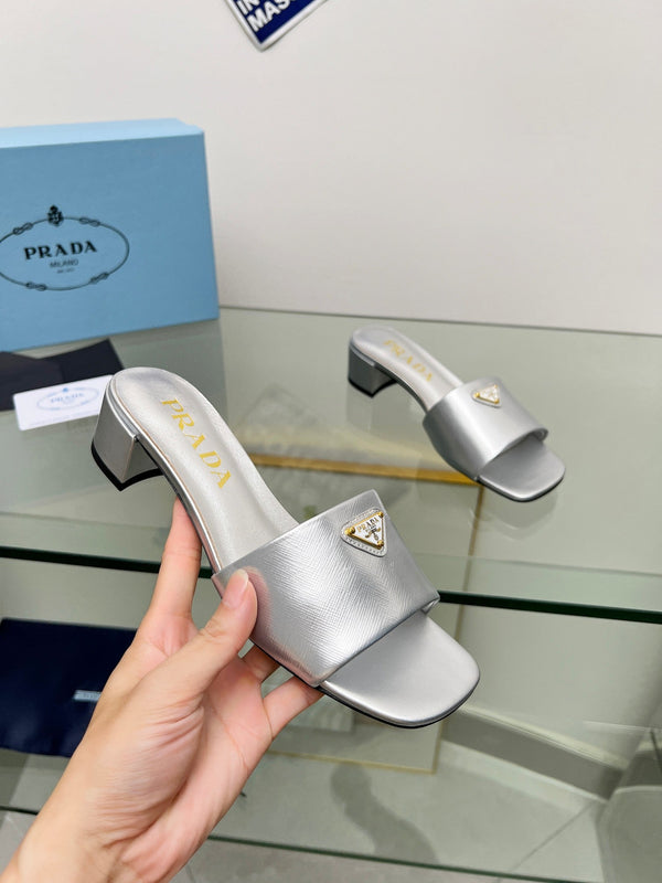 Prad 26s Saffiano Slides 4cm Sliver Glossy Leather 986627