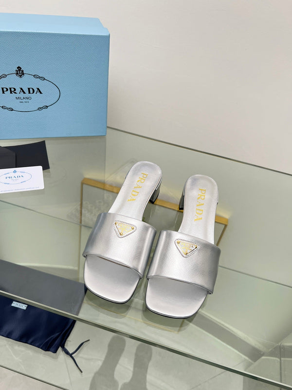 Prad 26s Saffiano Slides 4cm Sliver Glossy Leather 986627