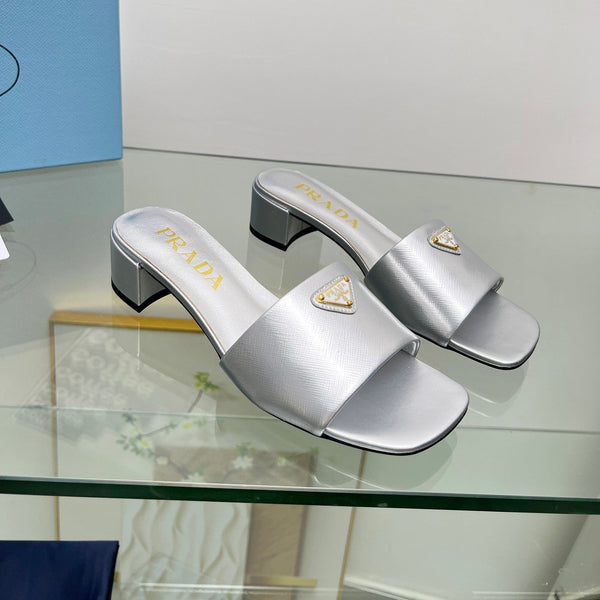 Prad 26s Saffiano Slides 4cm Sliver Glossy Leather 986627
