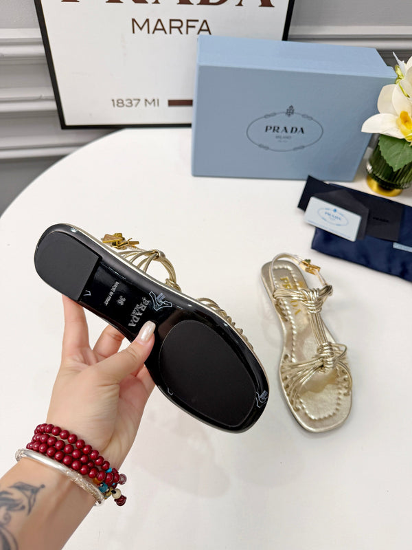 Prad 26s Knotted Metallic Leather Flat Sandals Gold Metalic Leather 986578