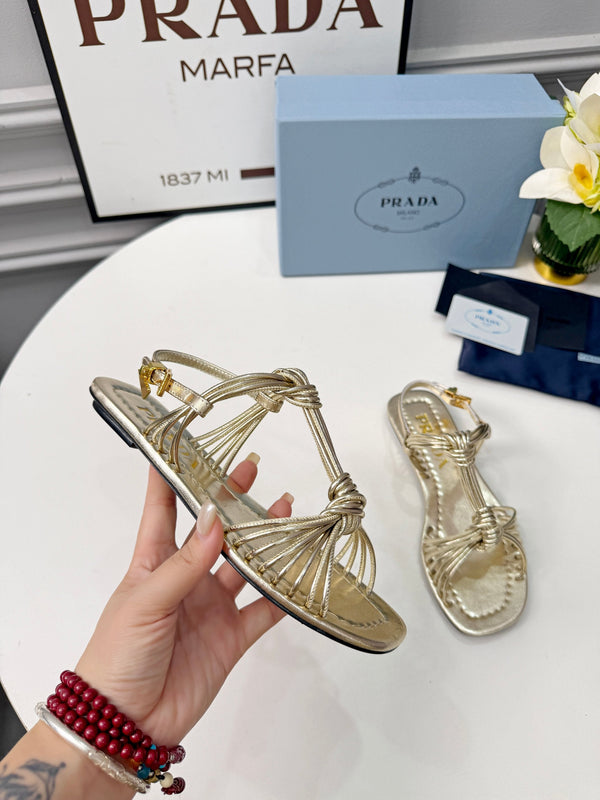 Prad 26s Knotted Metallic Leather Flat Sandals Gold Metalic Leather 986578
