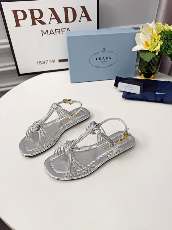 Prad 26s Knotted Metallic Leather Flat Sandals Sliver Metalic Leather 986577