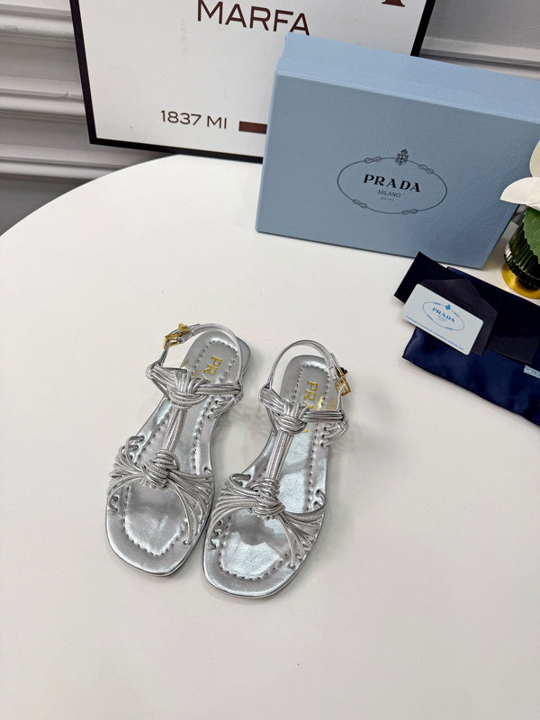 Prad 26s Knotted Metallic Leather Flat Sandals Sliver Metalic Leather 986577