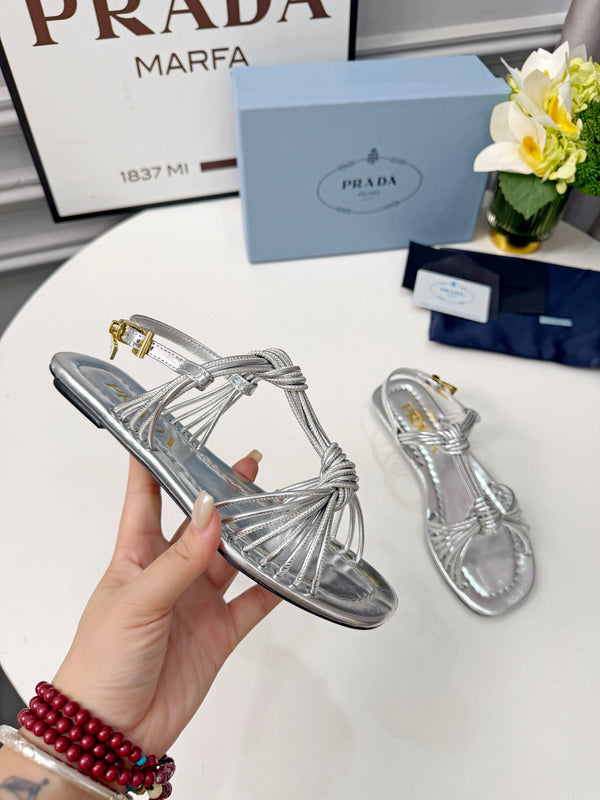 Prad 26s Knotted Metallic Leather Flat Sandals Sliver Metalic Leather 986577