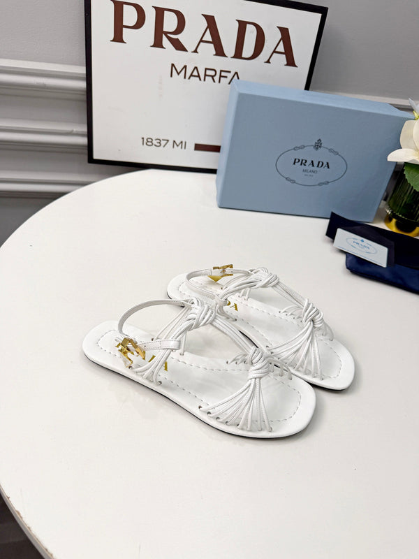 Prad 26s Knotted Metallic Leather Flat Sandals White Leather 986576