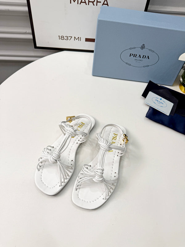 Prad 26s Knotted Metallic Leather Flat Sandals White Leather 986576