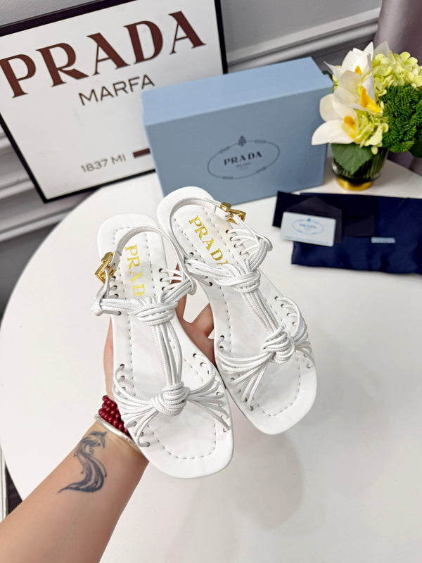 Prad 26s Knotted Metallic Leather Flat Sandals White Leather 986576