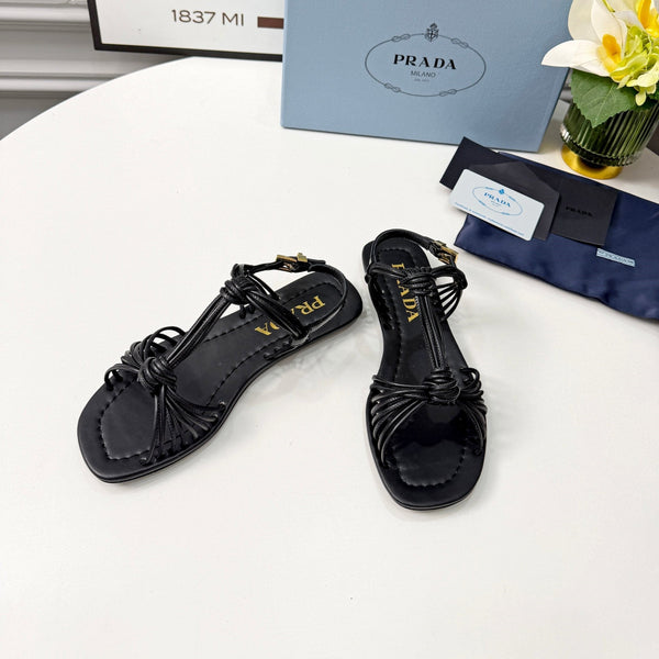 Prad 26s Knotted Metallic Leather Flat Sandals Black Leather 986575