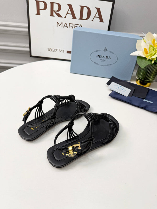 Prad 26s Knotted Metallic Leather Flat Sandals Black Leather 986575