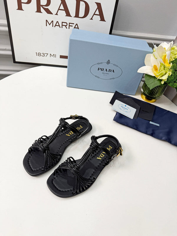 Prad 26s Knotted Metallic Leather Flat Sandals Black Leather 986575
