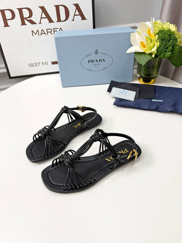 Prad 26s Knotted Metallic Leather Flat Sandals Black Leather 986575