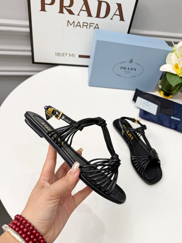 Prad 26s Knotted Metallic Leather Flat Sandals Black Leather 986575