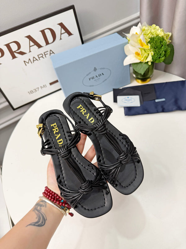 Prad 26s Knotted Metallic Leather Flat Sandals Black Leather 986575