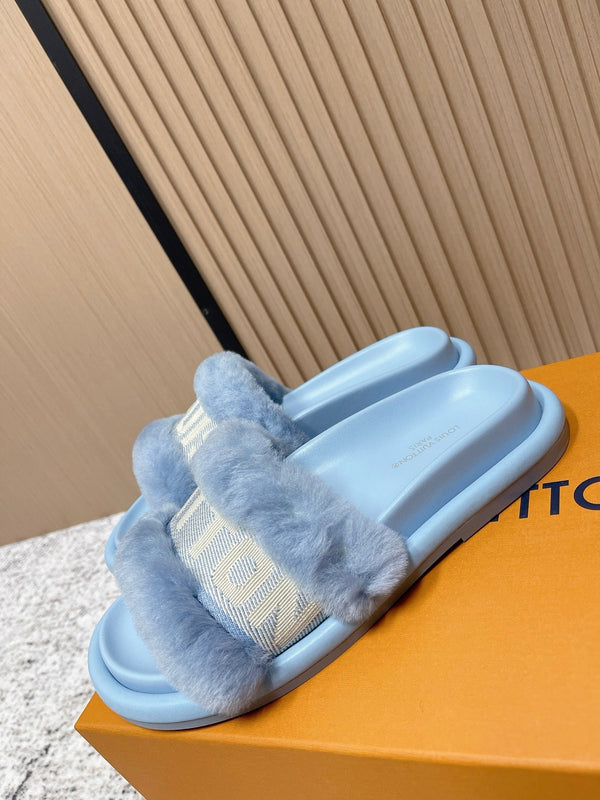 LV 25SS FW Platform Slippers Blue Canvas Wool 533771