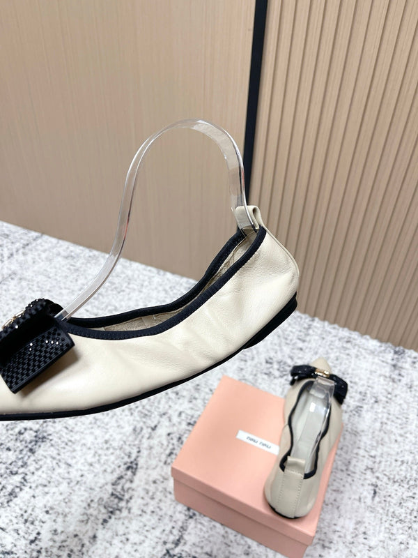 Miu Pointed-Toe Ballet Flats Ivory Sheepskin 591568
