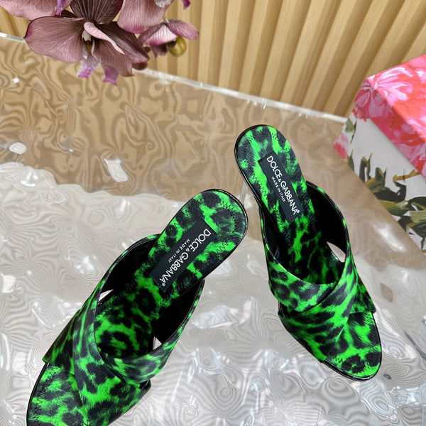 DC Keira Open-Toe Mules Green Leopard-Print & Sheepskin 926001