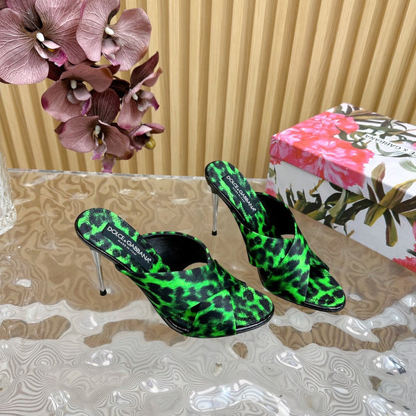 DC Keira Open-Toe Mules Green Leopard-Print & Sheepskin 926001