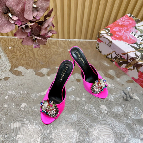 DC Rhinestone Buckle Mules Fuchsia Silk & Sheepskin 926020