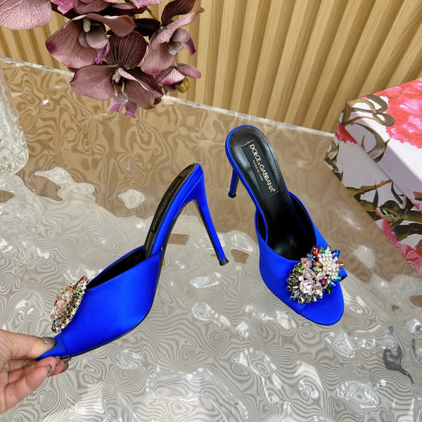 DC Rhinestone Buckle Mules Blue Silk & Sheepskin 926024