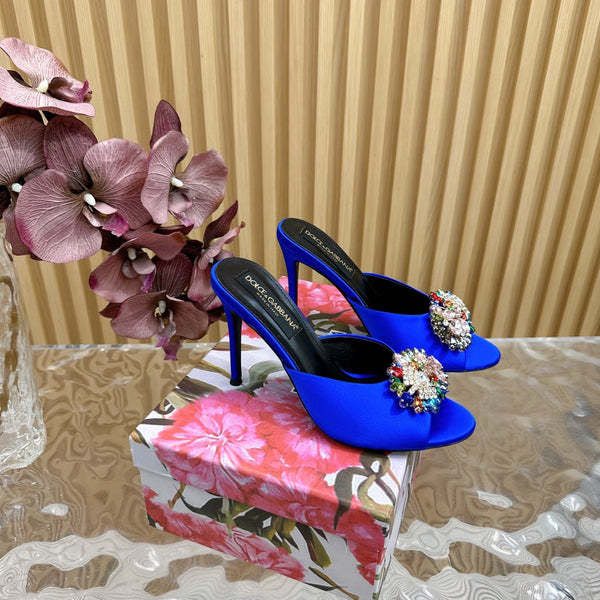 DC Rhinestone Buckle Mules Blue Silk & Sheepskin 926024