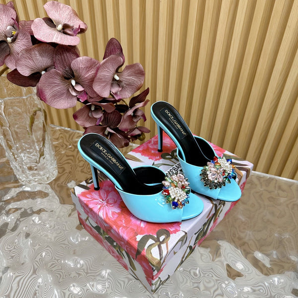 DC Rhinestone Buckle Mules Clear Blue Silk & Sheepskin 926029