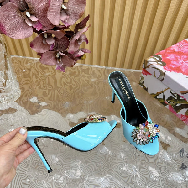 DC Rhinestone Buckle Mules Clear Blue Silk & Sheepskin 926029