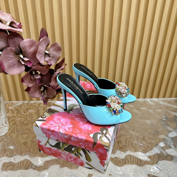 DC Rhinestone Buckle Mules Clear Blue Silk & Sheepskin 926029