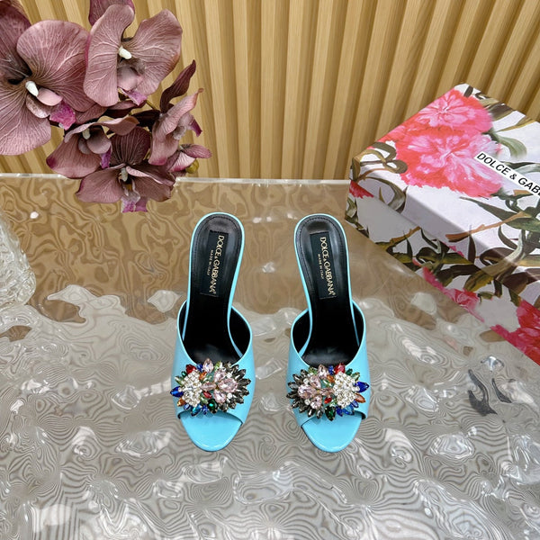 DC Rhinestone Buckle Mules Clear Blue Silk & Sheepskin 926029