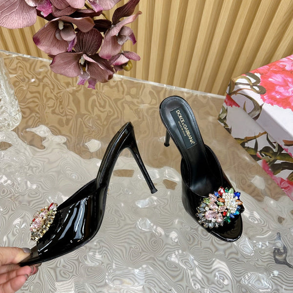 DC Rhinestone Buckle Mules Black Silk & Sheepskin 926030