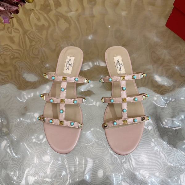 Rockstud Leather Caged Mule Sandals 10mm Pale Pink Sheepskin 307858