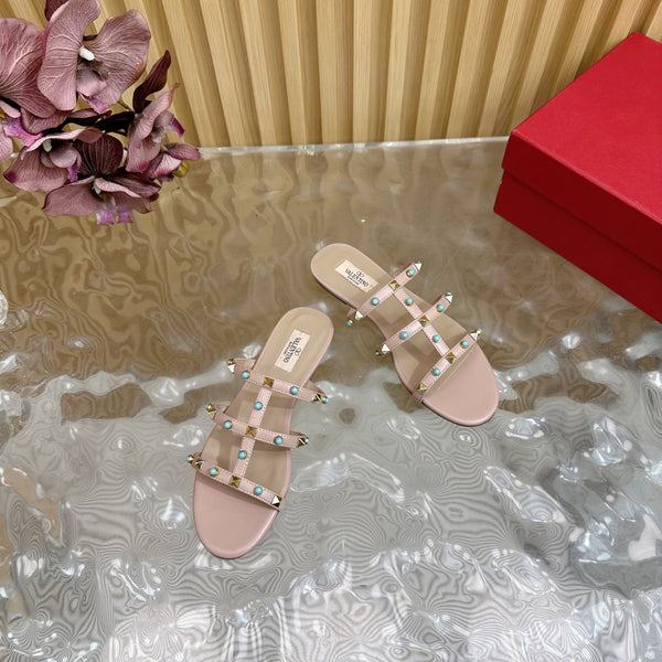 Rockstud Leather Caged Mule Sandals 10mm Pale Pink Sheepskin 307858