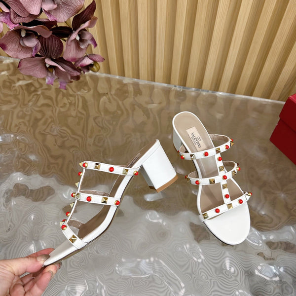 Rockstud Leather Caged Mule Sandals 60mm White Sheepskin 307863