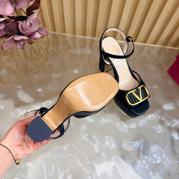 Valentino Signature Platform Sandal Black Leather Raffia 702266